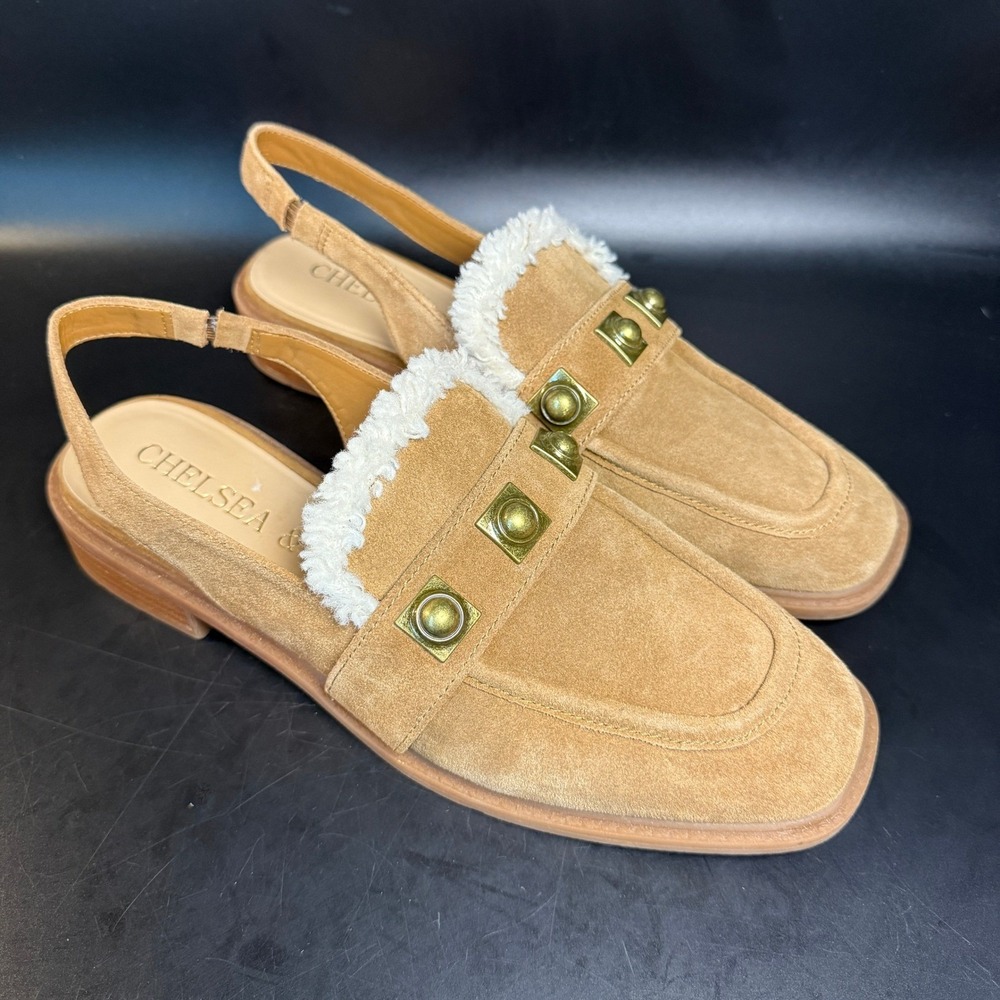 Chelsea & Violet Tan Suede Shearling Studded Slingback Loafer Women 10M